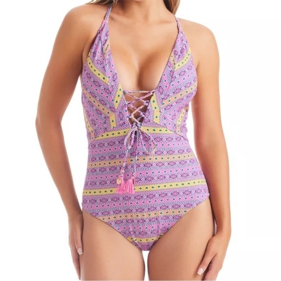 JESSICA SIMPSON Shine Bright Lace-up One Piece Swim Swimsuit swimwear M - Picture 4 of 9